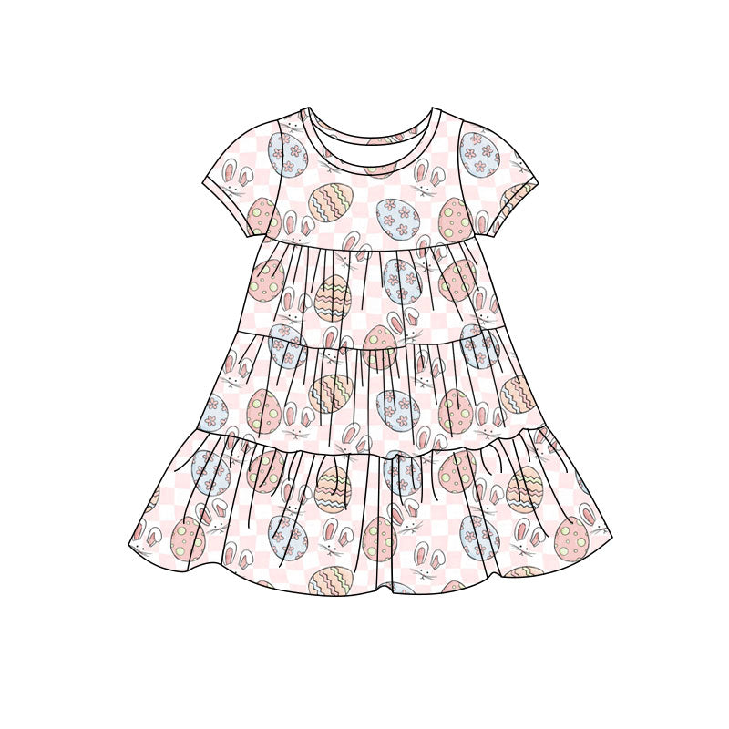 Preorder(moq 5) Baby Girls Pink Checked Eggs Rabbits Easter Patchwork Ruffle Knee Length Dresses