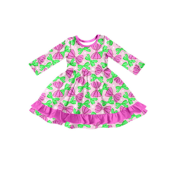 Preorder(moq 8)Baby Girls Pink Green Bows Plaid Ruffle Knee Length Dresses