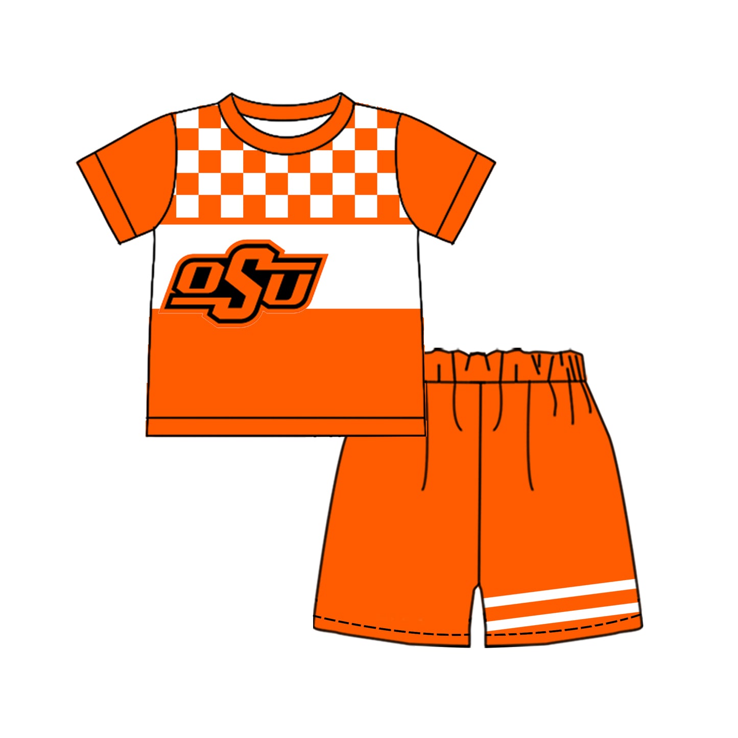 Preorder (moq 5)Baby Boys Orange Checked OSU Shirt Top Short Team Clothes Set