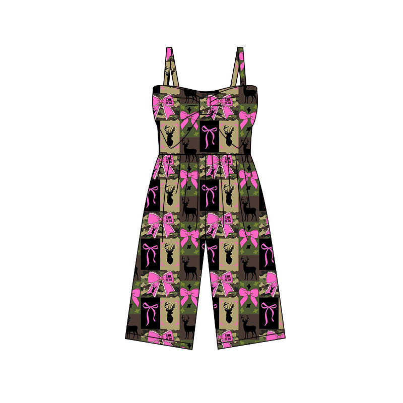 Preorder (moq 5)Baby Girls Green Camo Deer Checked Bows Hunting Pants Jumpsuits