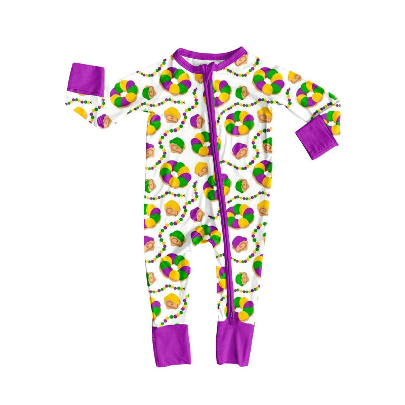 Preorder (moq 5)Baby Girls Mardigras Donuts Plaid Zipper Footie Rompers
