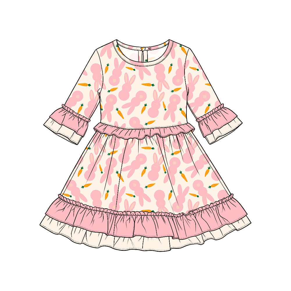 Preorder moq5 Girls’ Easter Bunny Floral Dress, Light Dusty Pink Rabbit Print Ruffle-Trim Dress, Cute Spring Holiday Outfit