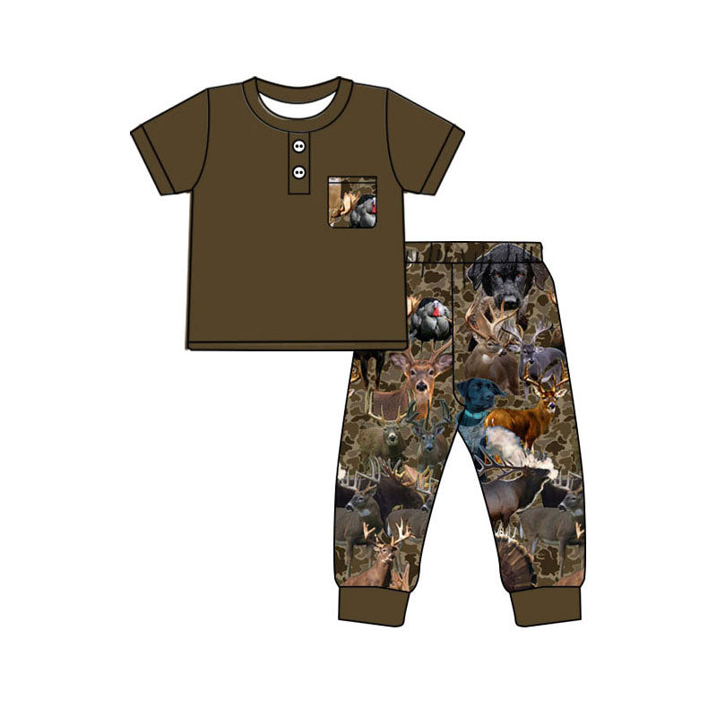 Preorder(moq 5) Baby Boys Brown Button Pockets Top Deer Dogs Camo Hunting Pajamas Set
