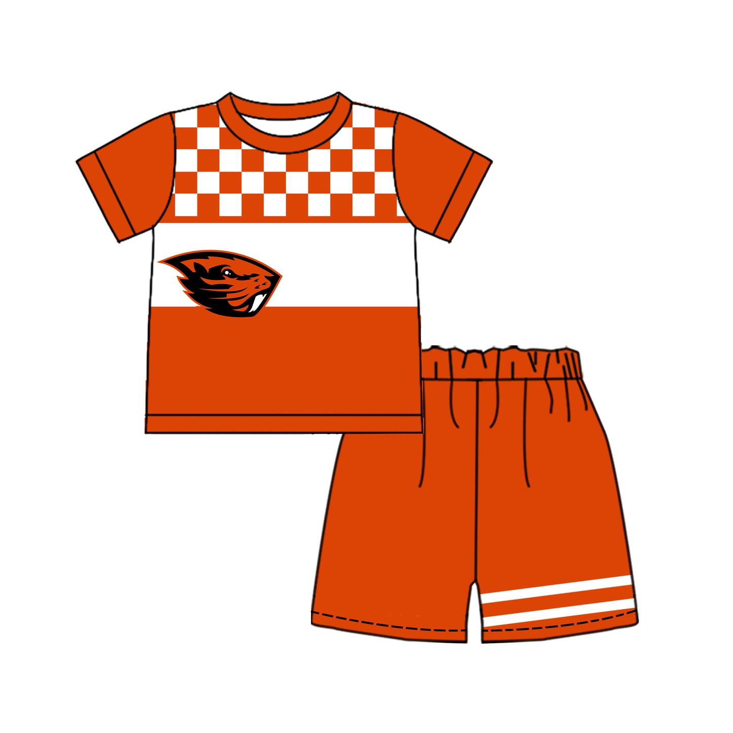 Preorder (moq 5)Baby Boys Orange Checked Oregon State Beavers Shirt Top Short Team Set