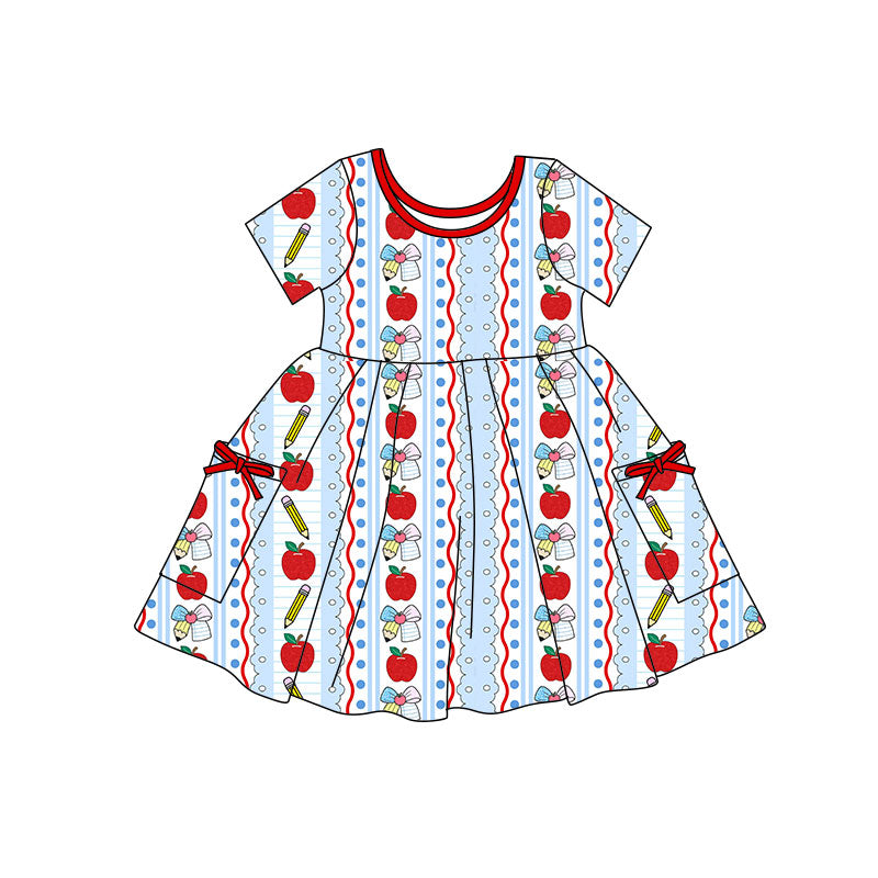 Preorder(moq 5) Baby Girls Apples Pencil Bows Stripe Pockets Back to School Knee Length Dresses