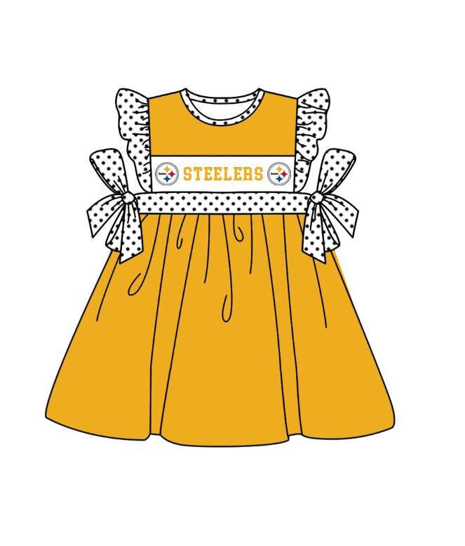 Preorder (moq 5)Baby Girls Polka Dots Flutter Sleeve Steelers Team Knee Length Dresses