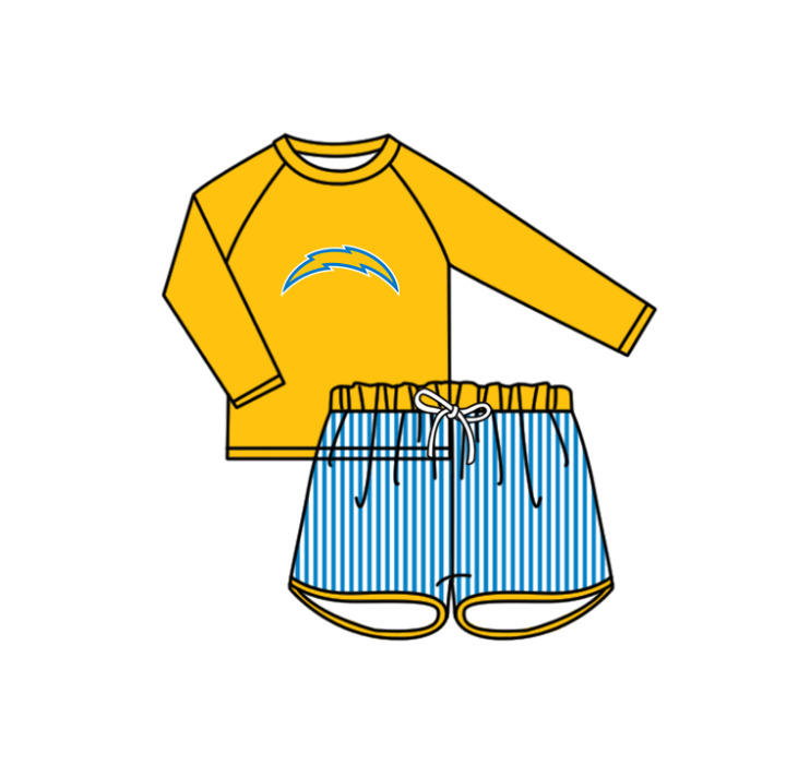 Preorder moq 5 Baby Boys Fur Long Sleeve Top Stripe Shorts Team Swimsuits