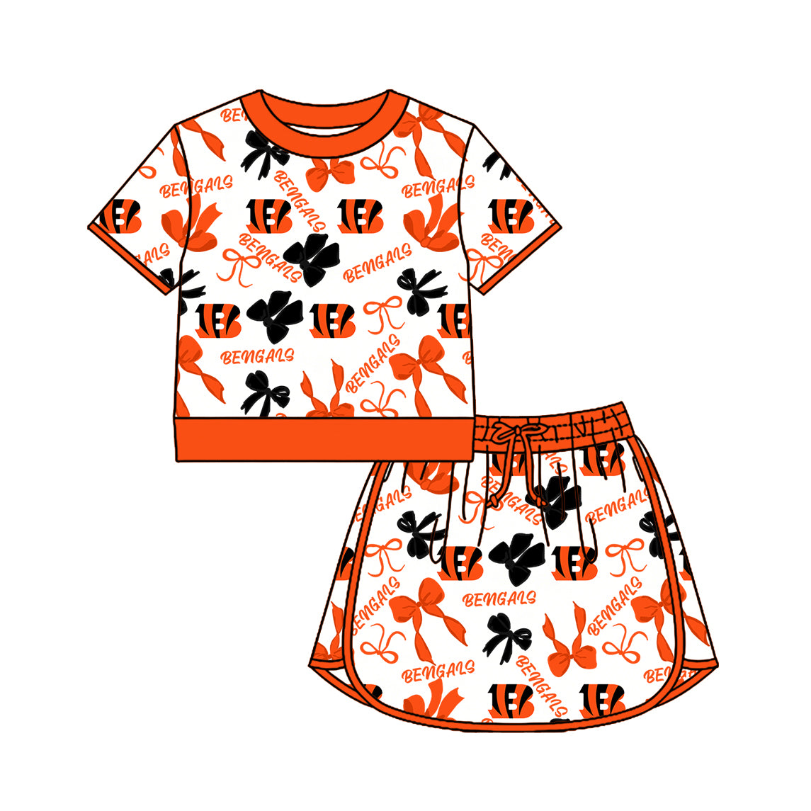 Preorder (moq 5)Baby Girls Bows Bengals Top Skirt Short Team Clothes Set
