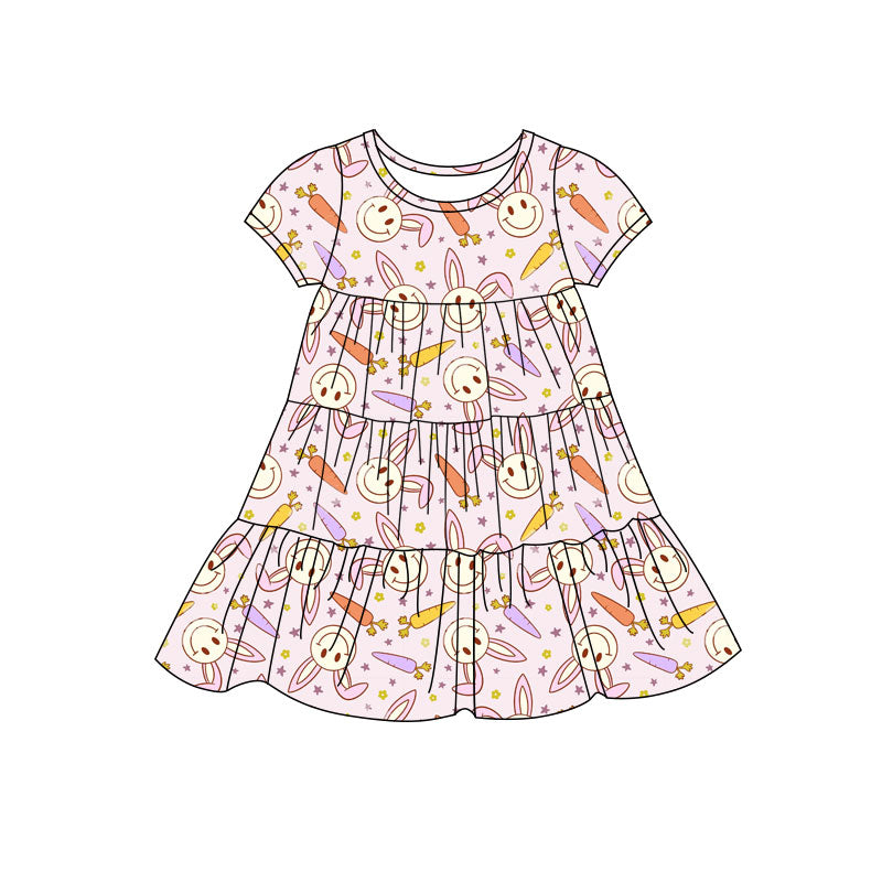Preorder(moq 5) Baby Girls Rabbits Carrots Easter Patchwork Ruffle Knee Length Dresses