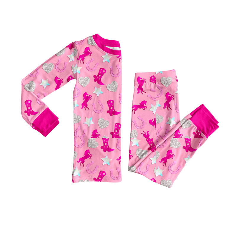 Preorder(moq 8)Baby Girls Horse Rodeos Hearts Top Pants Western Pajamas Sets