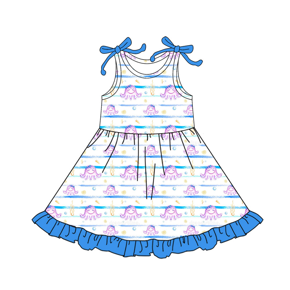Preorder (moq 5)Baby Girls Bows Sleeveless Sea World Stripe Ruffle Knee Length Dresses