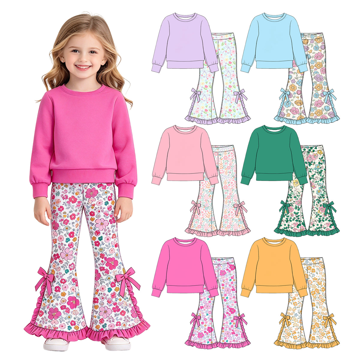 Preorder (moq 5) Baby Girl Clothes Spring Floral Print Ruffle Bow Flare Pants Solid Pink Long Sleeve Top Outfit Set