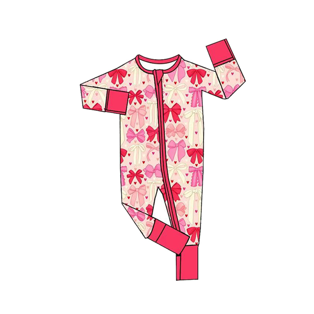 Preorder (moq 5) Baby Girl Clothes Valentine Bow Heart Print Long Sleeve Zipper Romper