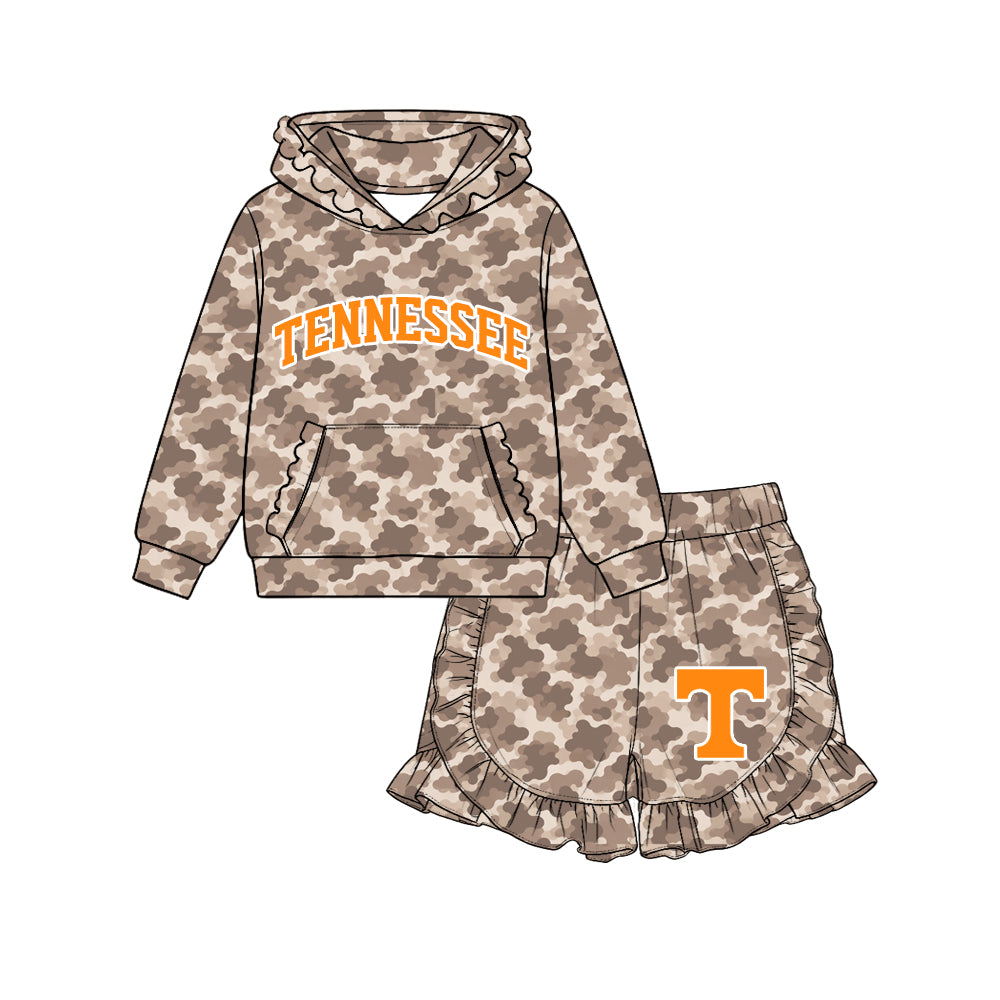 Preorder (moq 5) Baby Girl Clothes Tennessee Letter Logo Camo Print Long Sleeve Ruffle Hoodie & Ruffle Short Set