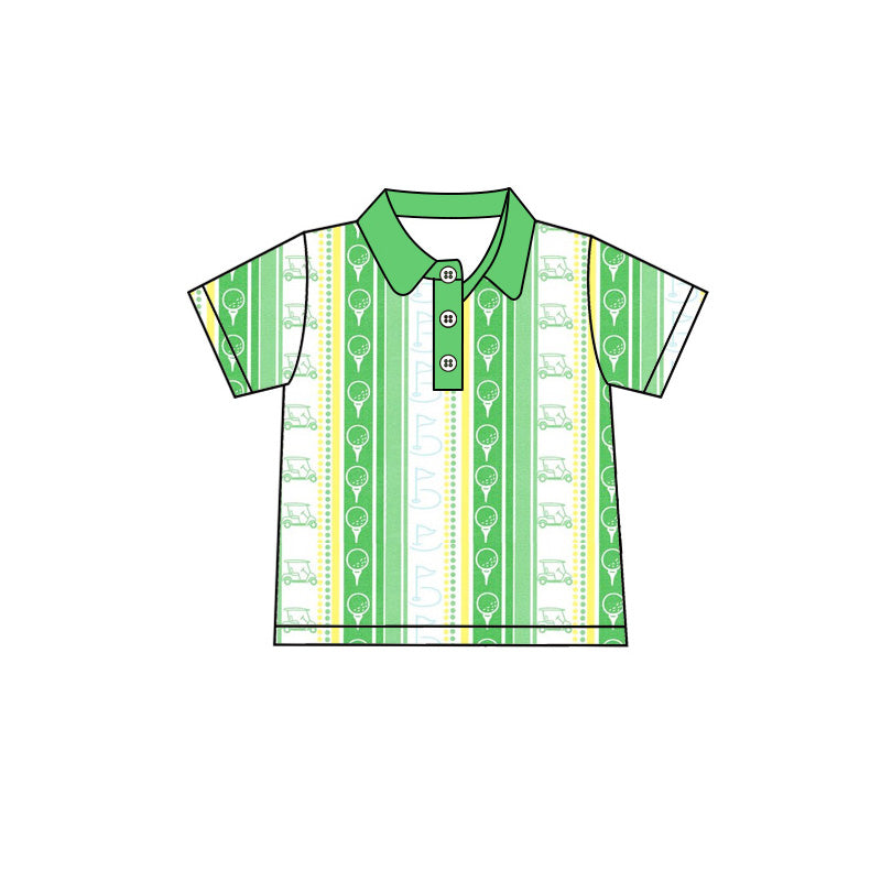 Preorder moq 5 Baby Boys Short Sleeve Green Golf Trucks Stripe Button Polo Shirts Top