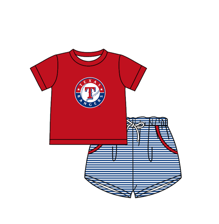 Preorder (moq 5)Baby Boys Texas Rangers Shirt Top Pockets Stripe Short Team Clothes Set