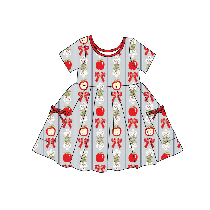 Preorder(moq 5) Baby Girls Apples Flowers Bows Stripe Pockets Back to School Knee Length Dresses