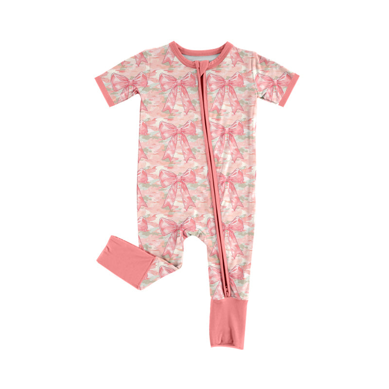 Preorder (moq 5)Baby Girls Short Sleeves Peach Camo Bows Zipper Pant Romper