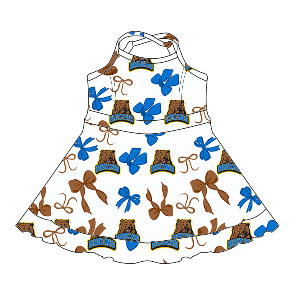 Preorder (moq 5)Baby Girls Strap Bows Plaid Bruins Shorts Ruffle Team Knee Length Dresses