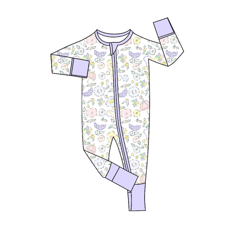 Preorder (moq 5)Baby Girls Long Sleeve Floral Masks Mardigras Zipper Footie Rompers