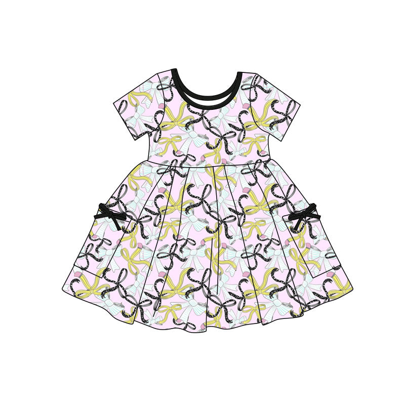 Preorder(moq 5) Baby Girls Pencil Bows Pockets Back to School Knee Length Dresses