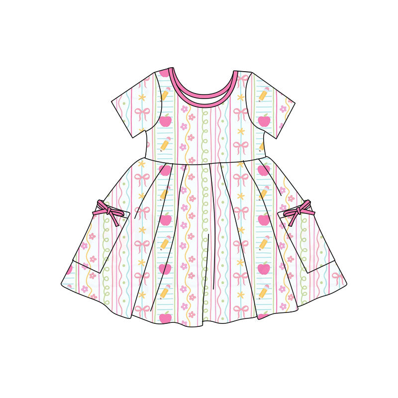 Preorder(moq 5) Baby Girls Apples Pencils Stripe Pockets Back to School Knee Length Dresses