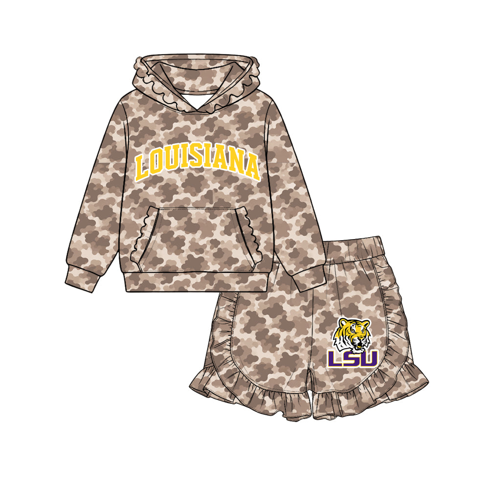 Preorder (moq 5) Baby Girl Clothes Louisiana LSU Tiger Logo Camo Print Long Sleeve Ruffle Hoodie & Ruffle Short Set