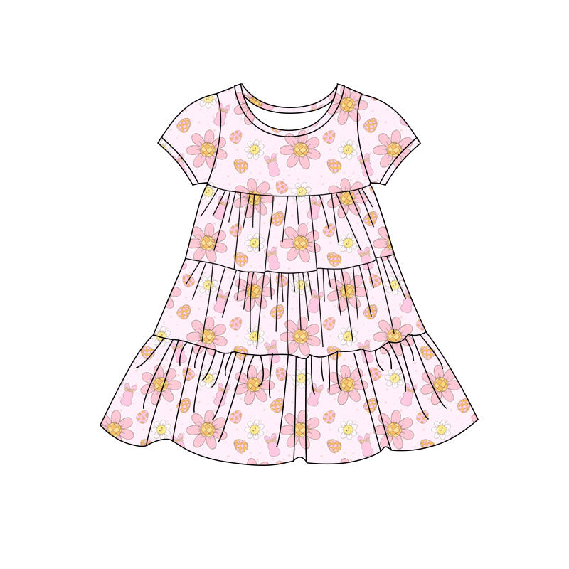 Preorder(moq 5) Baby Girls Rabbits Flowers Easter Patchwork Ruffle Knee Length Dresses