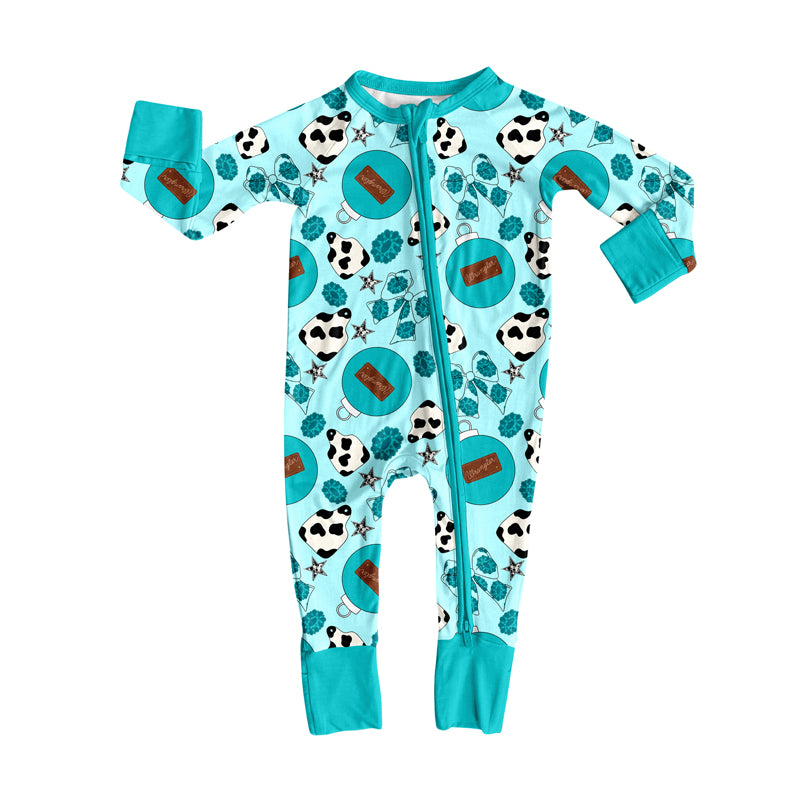 preorder(moq 5)Baby Infant Boys Long Sleeves Cow Print Turquoise Bows Zipper Rompers