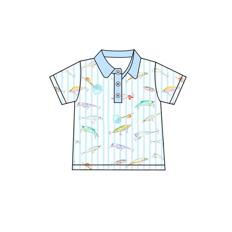 Preorder moq 5 Baby Boys Short Sleeve Blue Stripe Fishing Hunting Button Polo Shirts Top