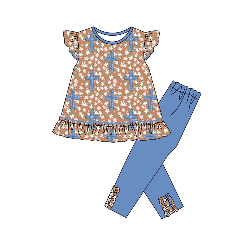 Preorder (moq 5)Baby Girls Flowers Crosses Tunic Leggings Easter Clothes Sets