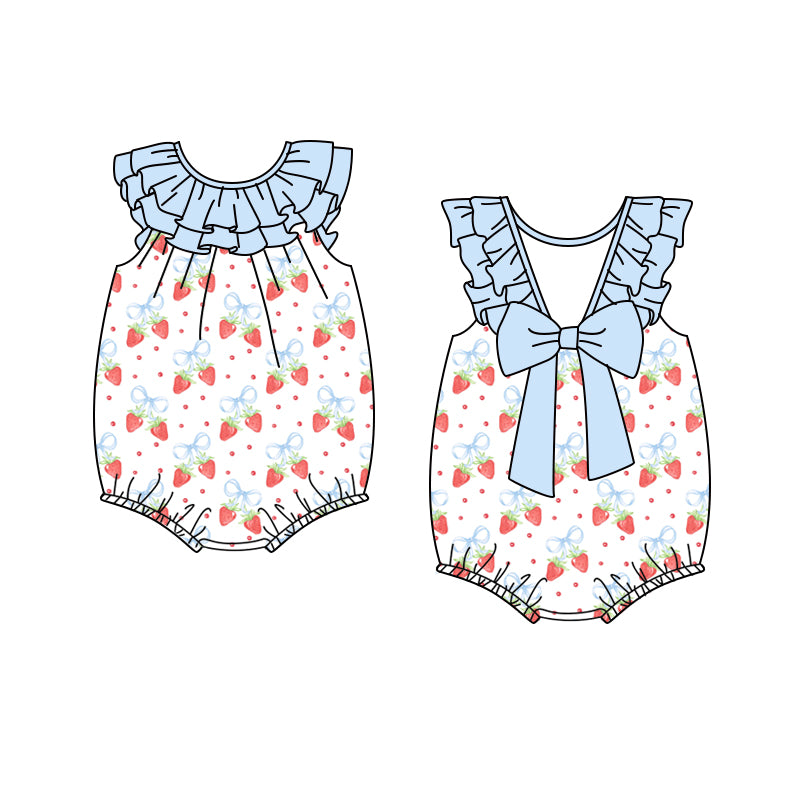 Preorder(moq 5)Baby Infant Girls Blue Sleeveless Bows Strawberry Ruffle Rompers