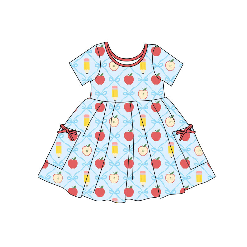 Preorder(moq 5) Baby Girls Apples Pencils Checked Pockets Back to School Knee Length Dresses