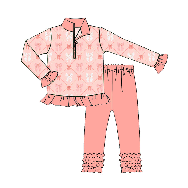 Preorder(moq 5) Baby Girls Coral Pink Bows Zip Pullover Top Legging Boutique Outfits Sets