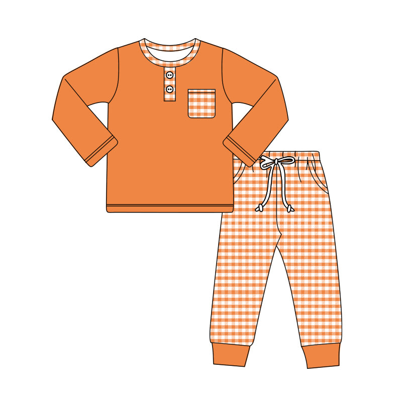 Preorder (moq 5)Baby Boys Orange Long Sleeves Button Pocket Top Stripes Legging Pant Set
