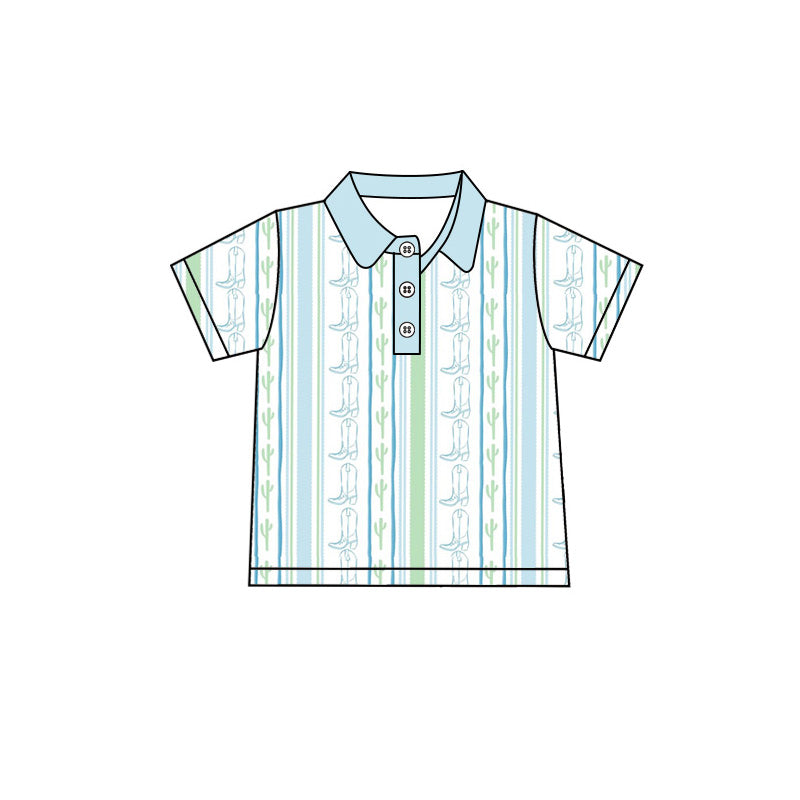 Preorder moq 5 Baby Boys Short Sleeve Boot Cactus Stripe Western Button Polo Shirts Top