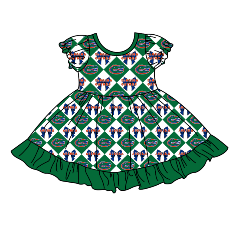 Preorder moq 5 Baby Girls Short Sleeve Crocodiles Bows Team Ruffle Knee Length Dresses