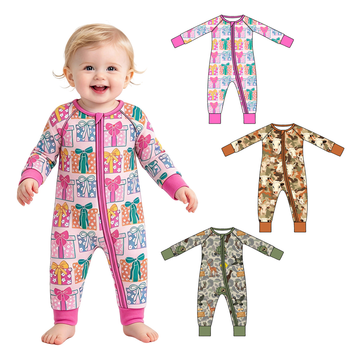 Preorder (moq 5) Baby Boy Clothes Hunting Deer Duck Camo Print Long Sleeve Zipper Baby Jumpsuit