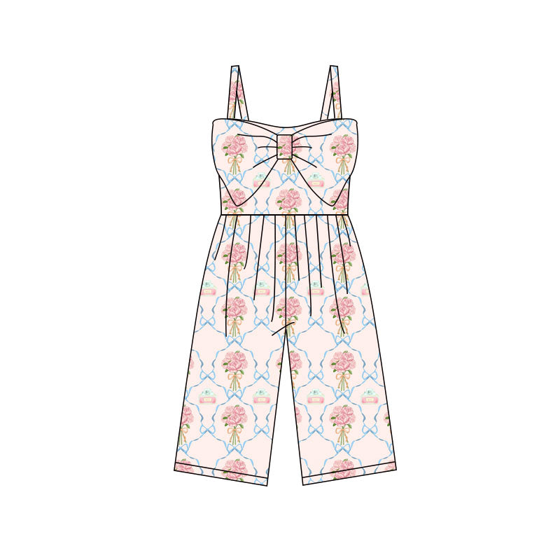 Preorder (moq 5)Baby Girls Pink Strap Bows Flowers Checked Pants Jumpsuits