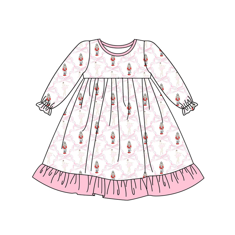 Preorder (moq 5)Baby Girls Long Ruffle Sleeves Bows Soldier Plaid Knee Length Dresses