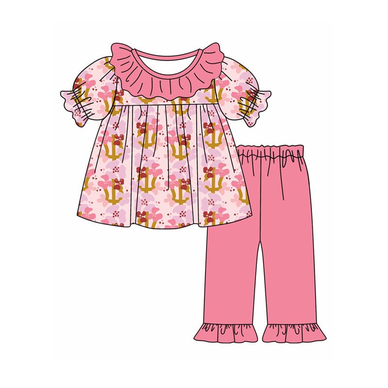 Preorder moq 5 Baby Girls Pink Short Sleeves Floral Plaid Tunic Ruffle Pant Set