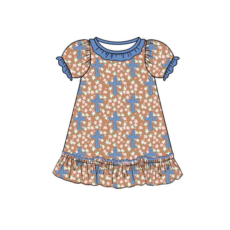 Preorder (moq 5)Baby Girls Flowers Crosses Easter Ruffle Knee Length Dresses