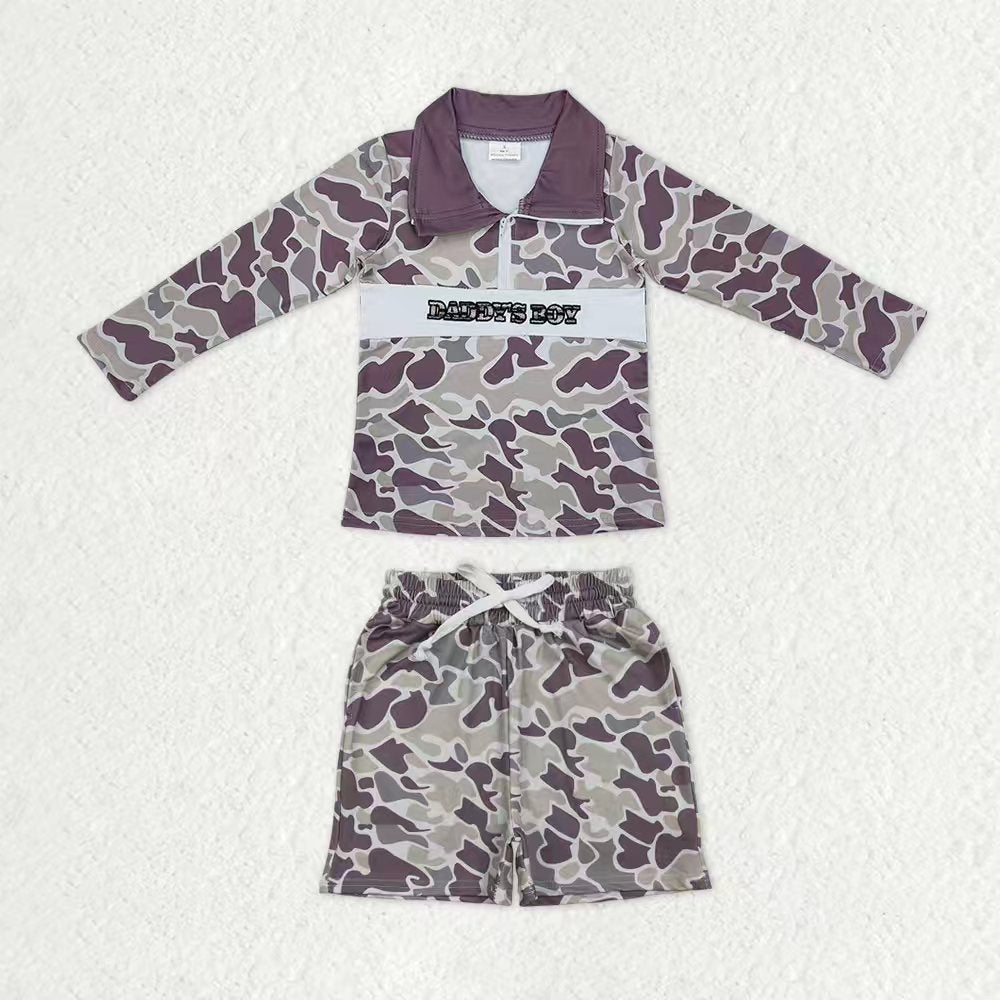 Baby Boys Southern Grey Camo Embroidery Mama's Boy Zip Pullover Pockets Shorts Clothes Sets