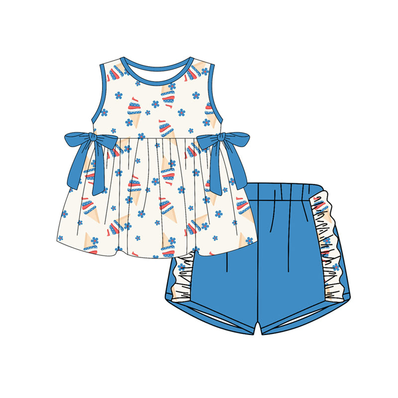 Preorder (moq 5)Baby Girls Flowers Ice Creams Tunic Ruffle Shorts 4th of July Clothes Set