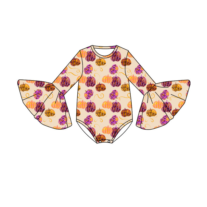 Preorder (moq 5)Baby Girls Bell Sleeve Colorful Pumpkins Fall Ruffle Rompers