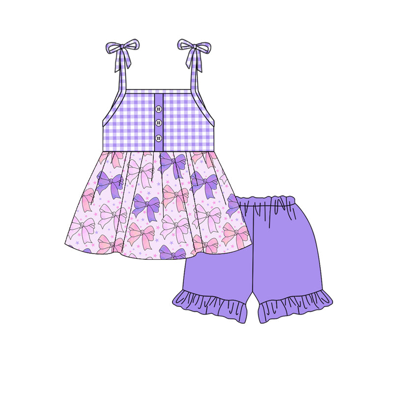 Preorder moq 5 Baby Girls Strap Lavender Plaid Button Bows Stars Tunic Ruffle Short Set
