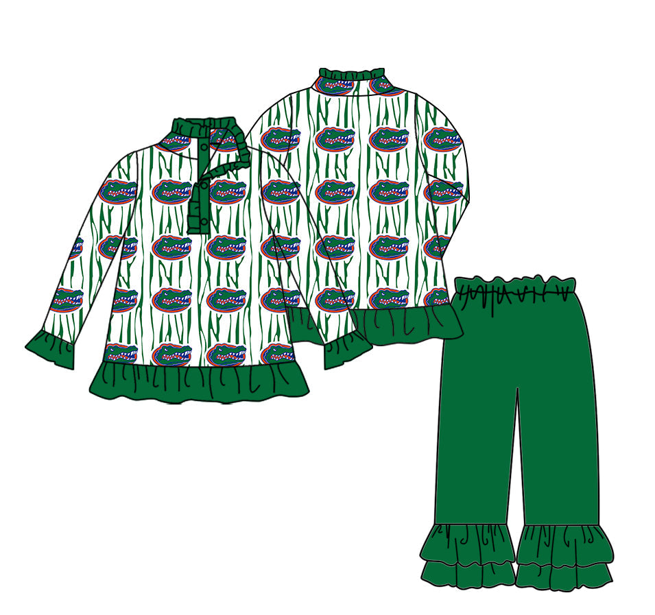 Preorder(moq 5) Baby Girls Crocodiles Stripe Button Pullovers Ruffle Pants Team Clothes Sets