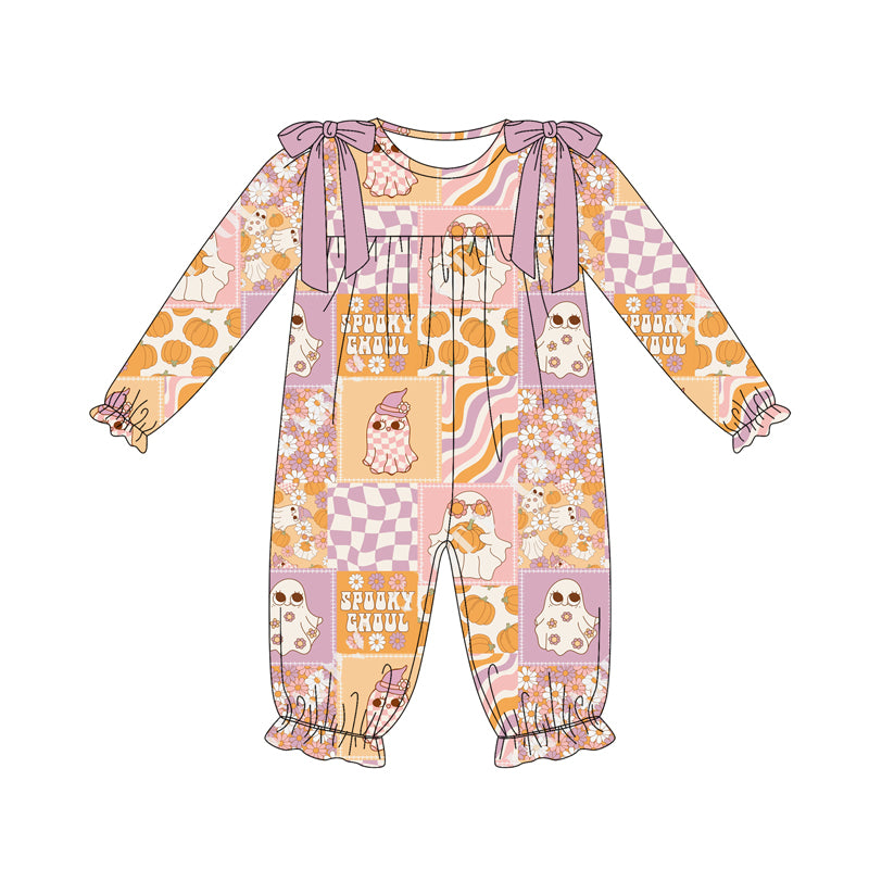 Preorder (moq 5)Baby Girls Long Sleeves Ghosts Pumpkins Plaid Ruffle Pant Romper