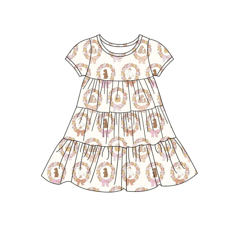 Preorder(moq 5) Baby Girls Rabbits Eggs Holly Easter Patchwork Ruffle Knee Length Dresses