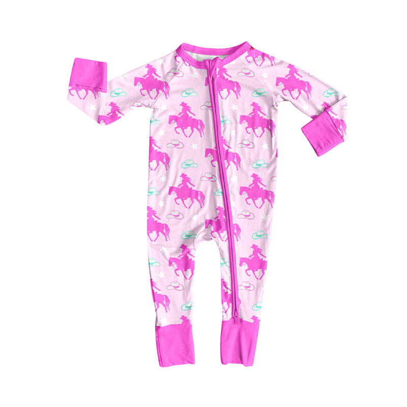 Preorder (moq 8)Baby Girls Horse Rodeos Hats Western Zipper Footie Rompers